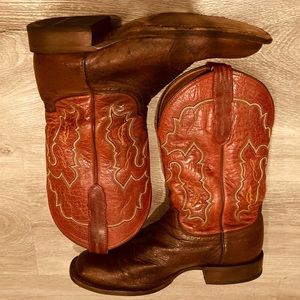Luchese Horseman Boot Ostrich size 9.5D Warm Brown with deep red top